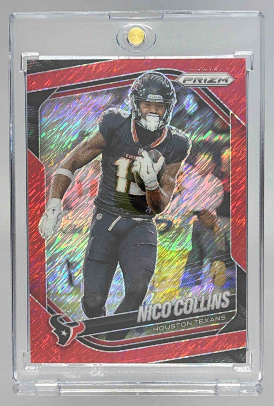 Card image for 2025 Panini Football Prizm Nico Collins Red Shimmer /49 #231 Houston Texans