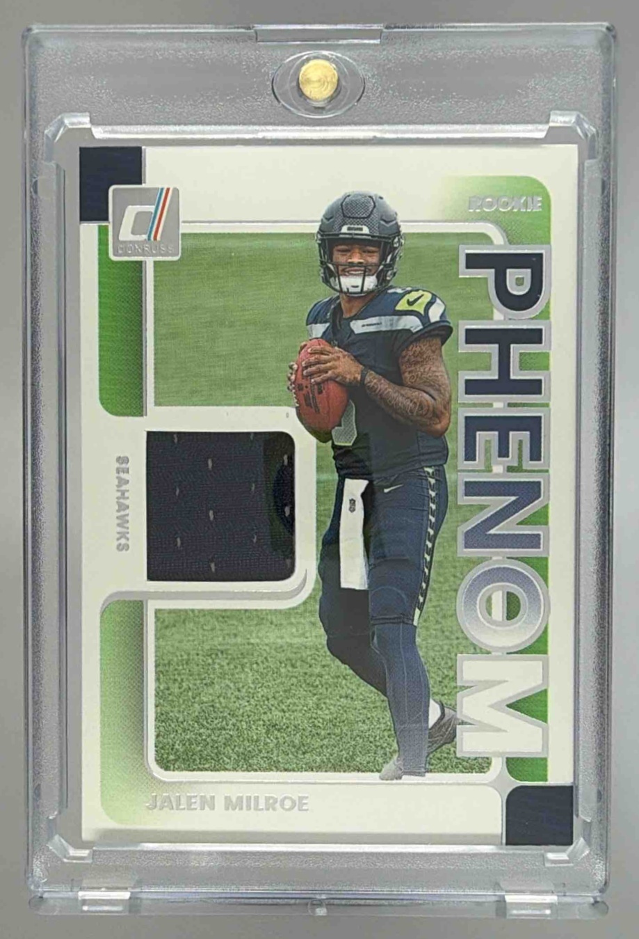 Card image for 2025 Panini Donruss Jalen Milroe Rookie Phenom Jerseys #RPJ-JME MEM RC Seahawks