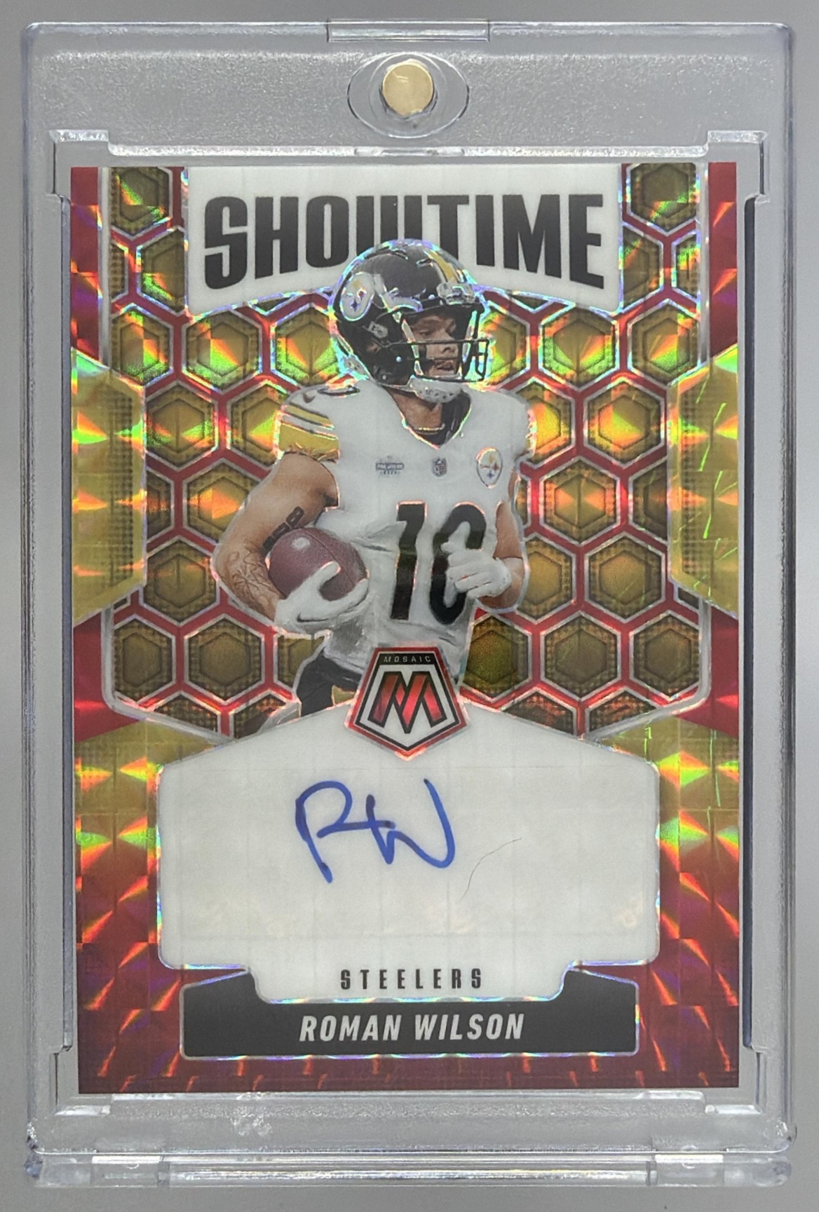 Card image for 2025 Panini Mosaic Roman Wilson Showtime Signatures #SOS-ROW Auto Steelers