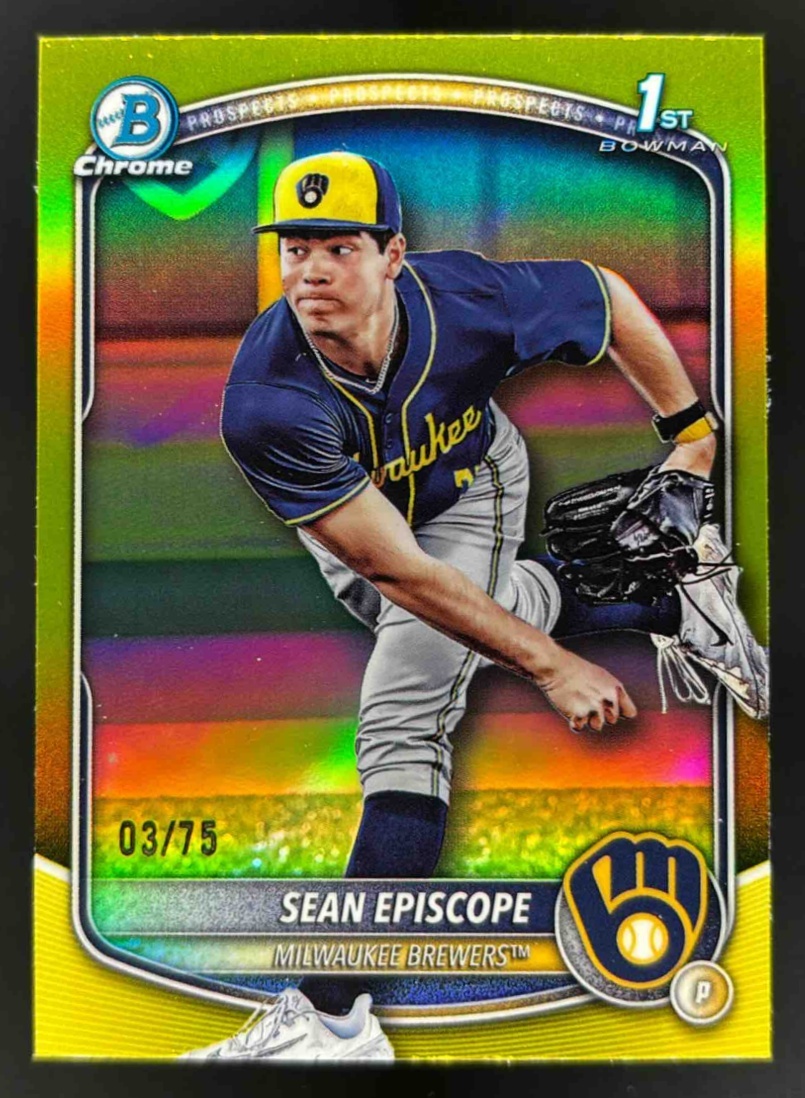 Card image for 2025 Bowman Draft Sean Episcope Chrome Yellow Refractor /75 #BDC-149 Brewers