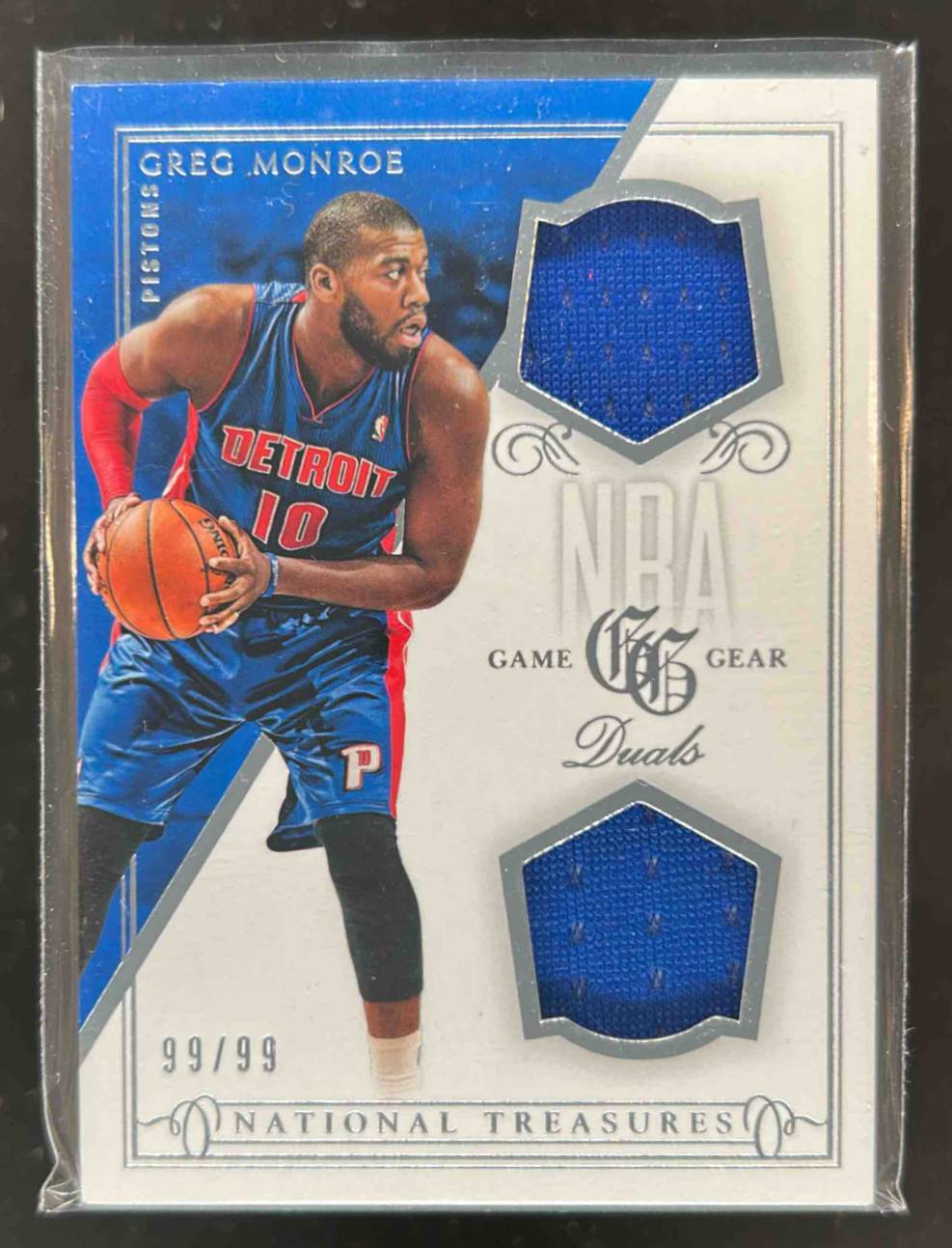 Card image for 2013-14 Panini National Treasures Greg Monroe NBA Game Gear Dual 99 /99 #60