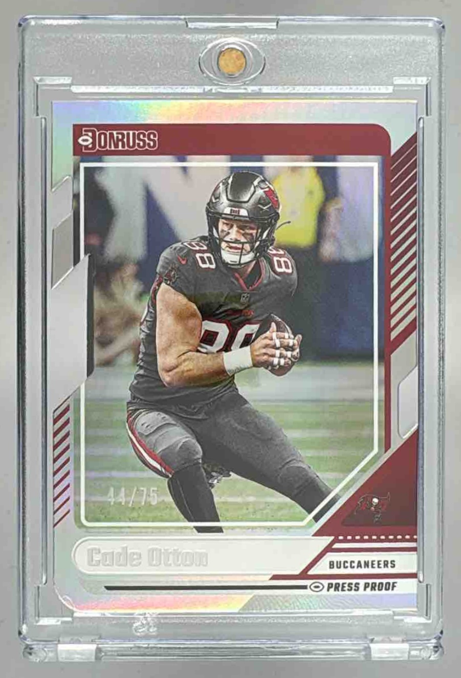Card image for 2024 Panini Donruss Cade Otton Press Proof Silver Die Cut /75 #183 Buccaneers