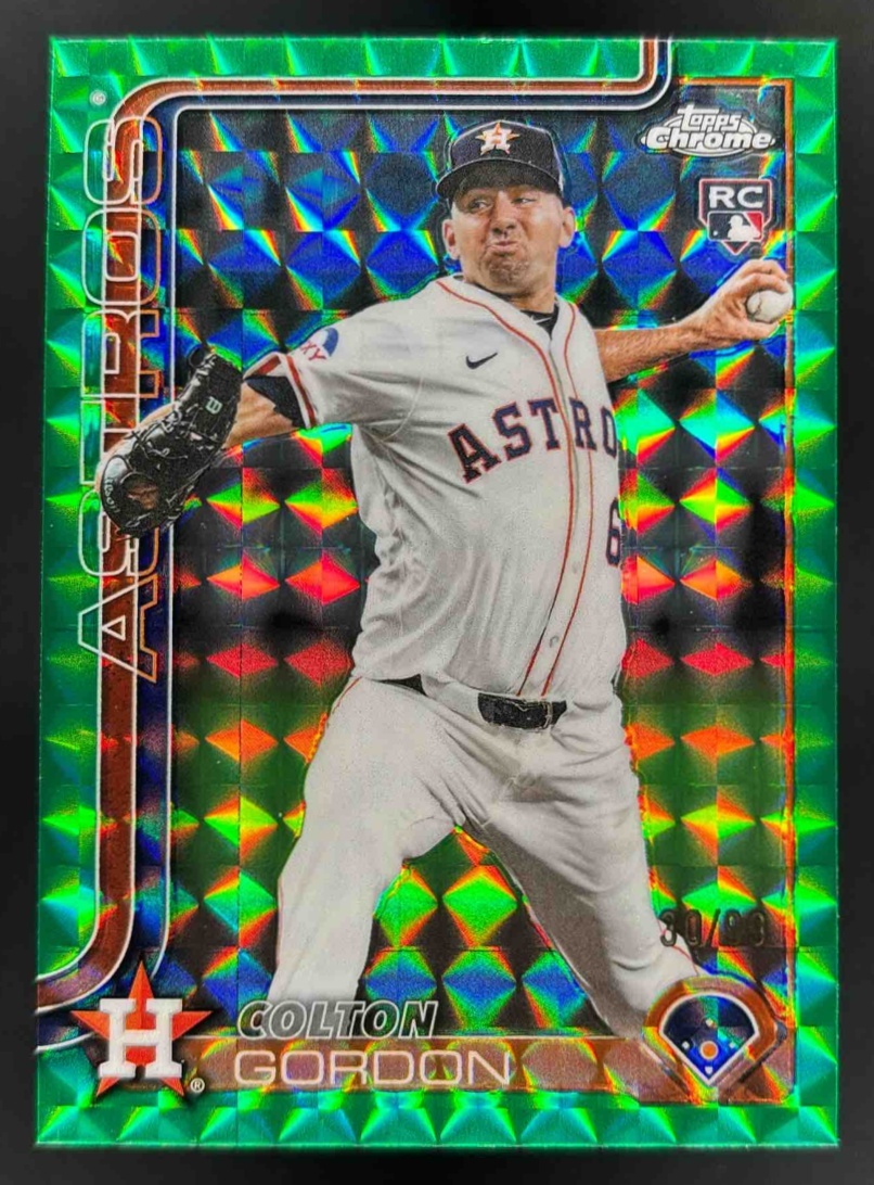 Card image for 2025 Topps Chrome Update Colton Gordon Green Geometric Refractor /99 RC