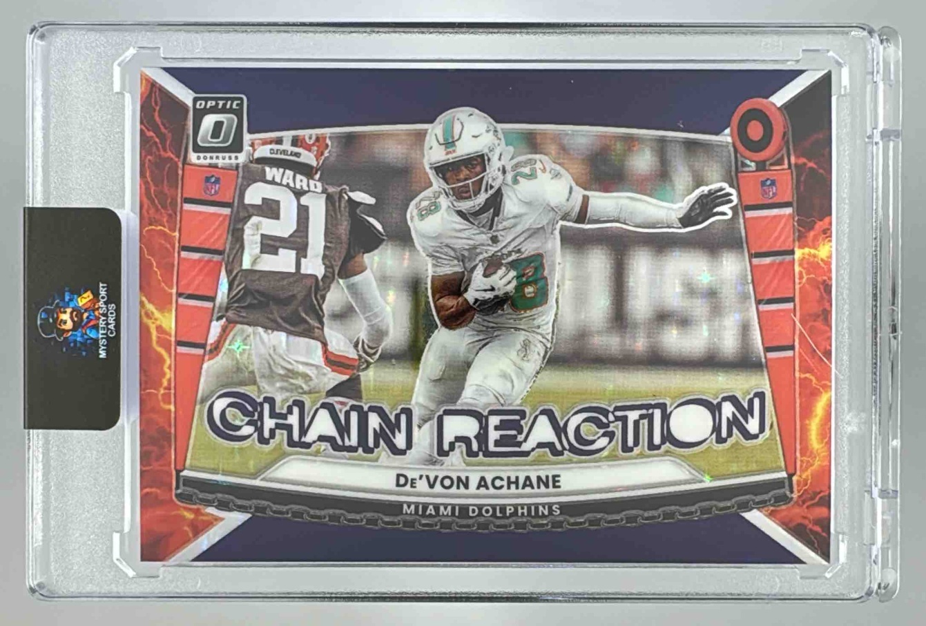 Card image for 2025 Panini Donruss Optic De'Von Achane Chain Reaction Purple Stars Prizm /25 #3 Dolphins