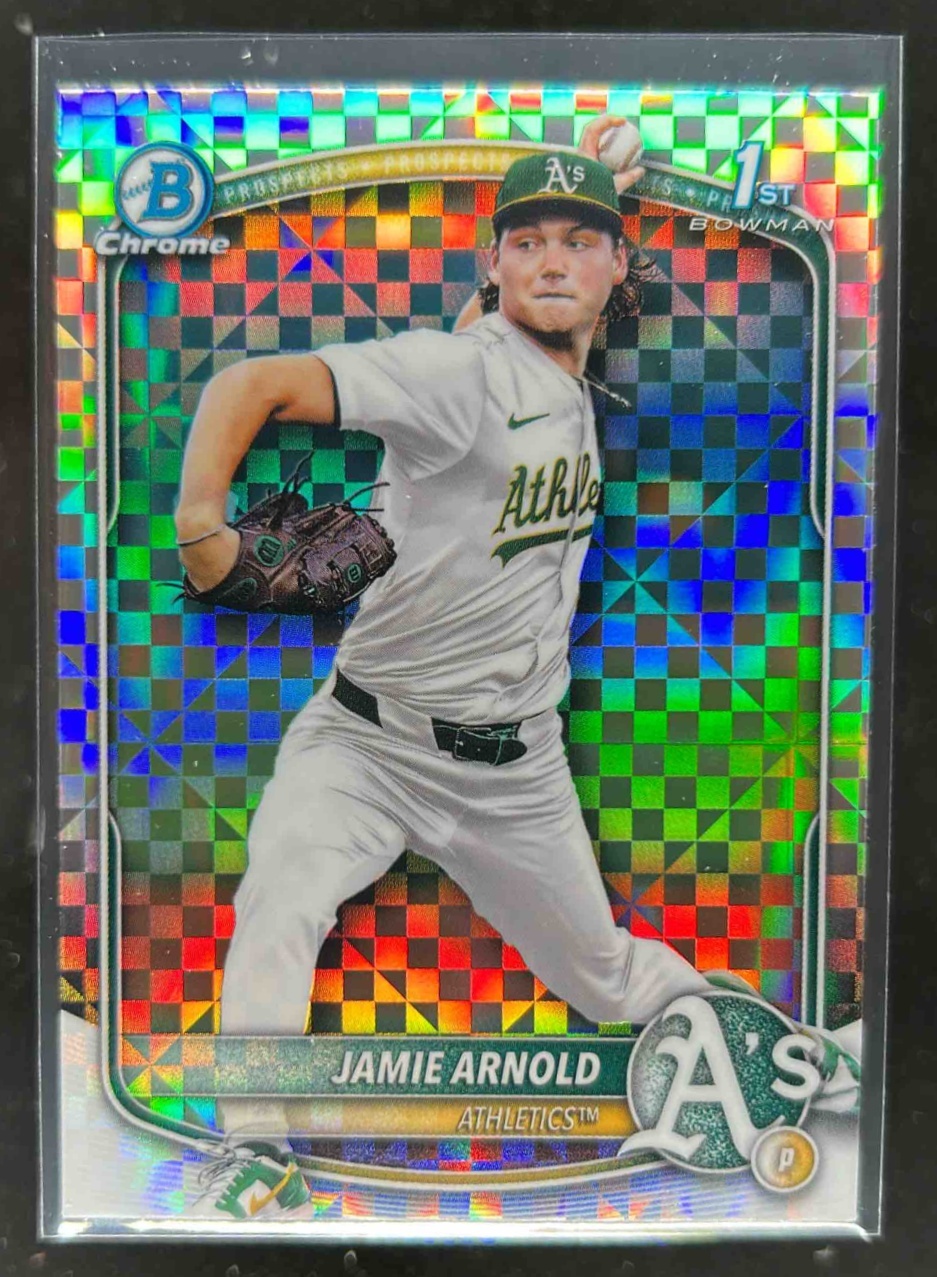 Card image for Jamie Arnold 2025 Bowman Baseball Draft Chrome X-Fractor 1st Prospect Athletics