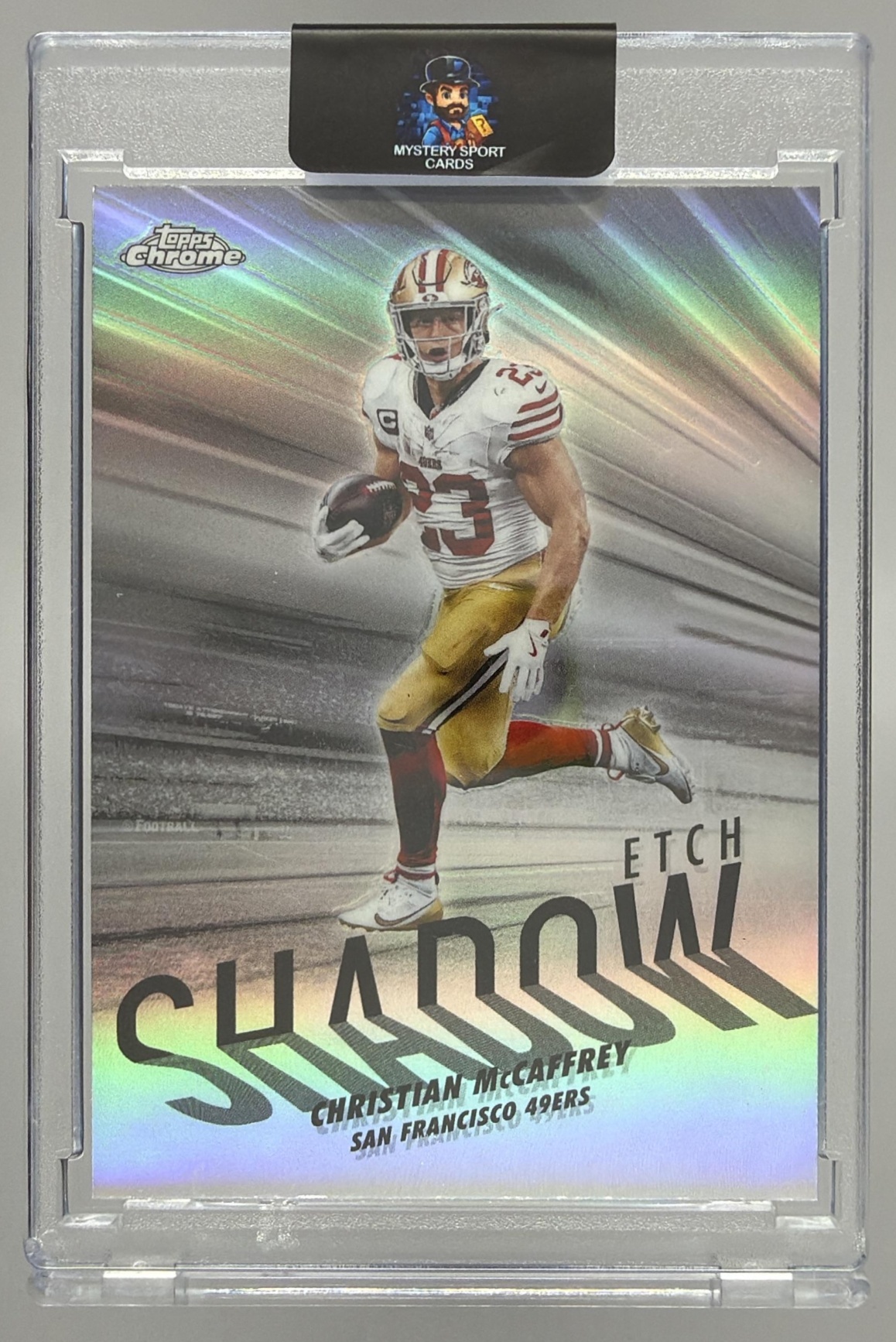 Card image for 2025 Topps Chrome Christian McCaffrey Shadow Etch #SE-11 SP 49ers