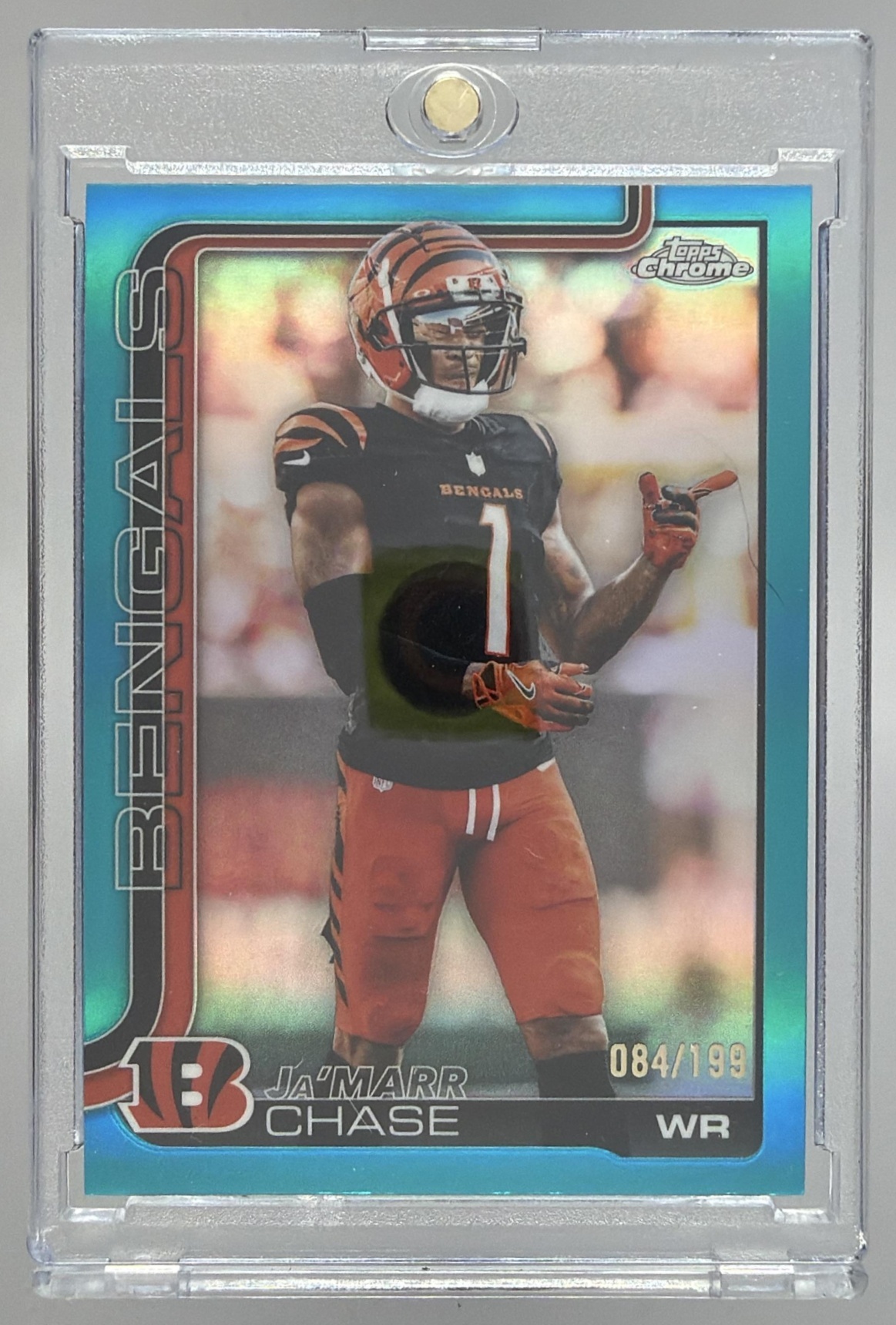 Card image for 2025 Topps Chrome Ja'Marr Chase Aqua Refractor /199 #58 Bengals