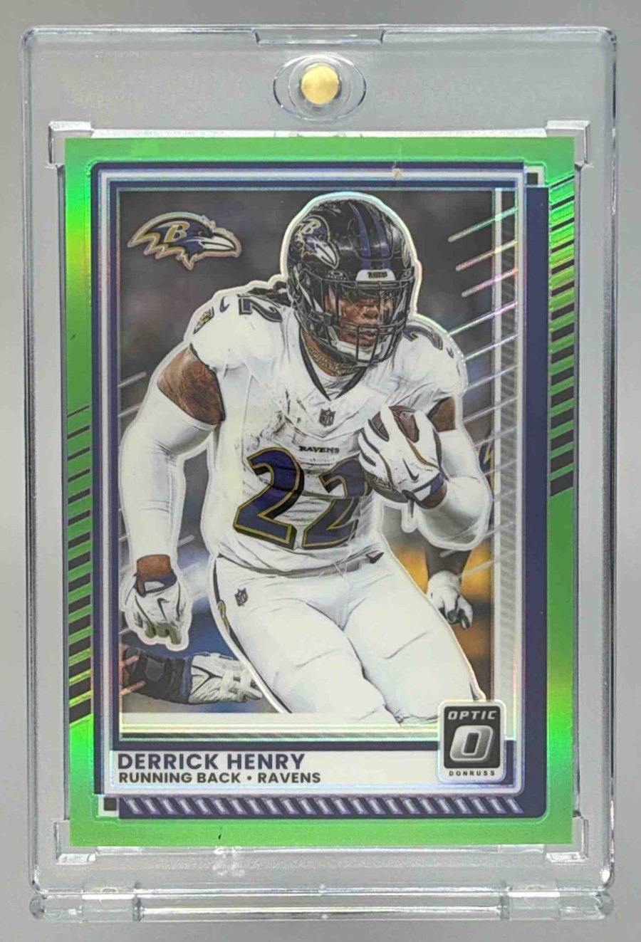 Card image for 2025 Panini Donruss Optic Derrick Henry Neon Green Prizm /199 #112 Ravens
