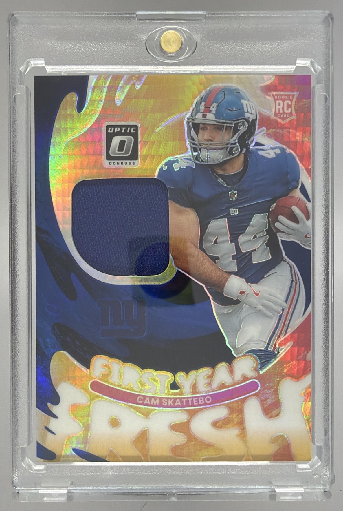 Card image for 2025 Panini Donruss Optic Cam Skattebo First Year Fresh Blue Hyper Prizm #FYFBH-CSO MEM RC Giants