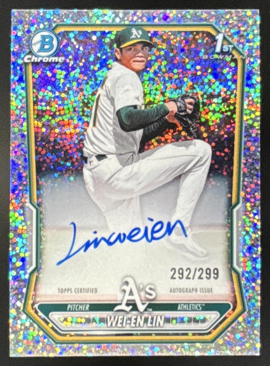Card image for Wei-En Lin 2026 Bowman Speckle Refractor /299 Chrome Prospect Auto Athletics