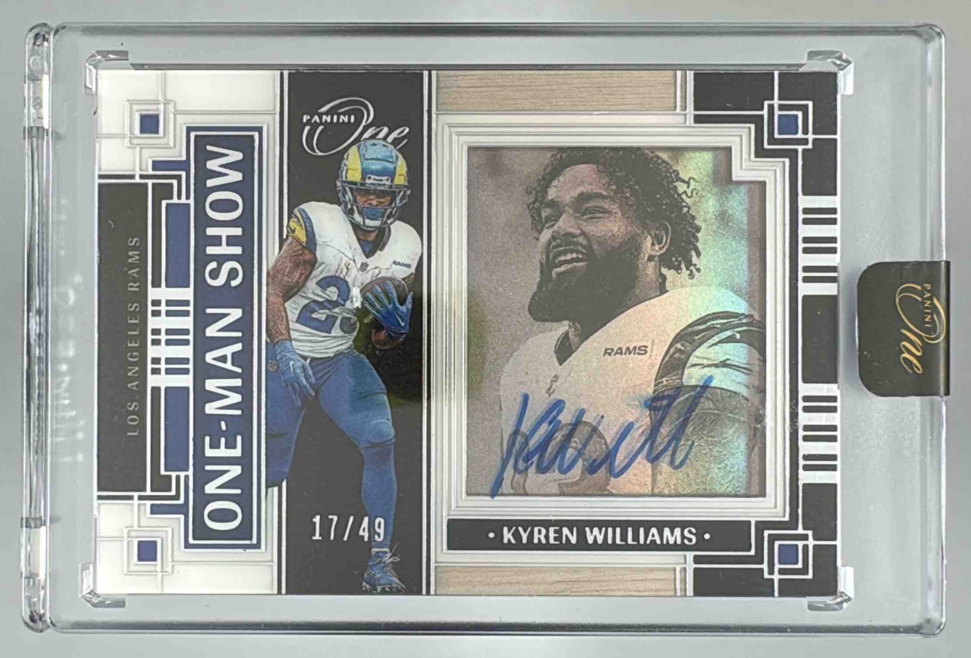 Card image for 2024 Panini One Kyren Williams Quad Patch Auto Red /49 #65 MEM Rams