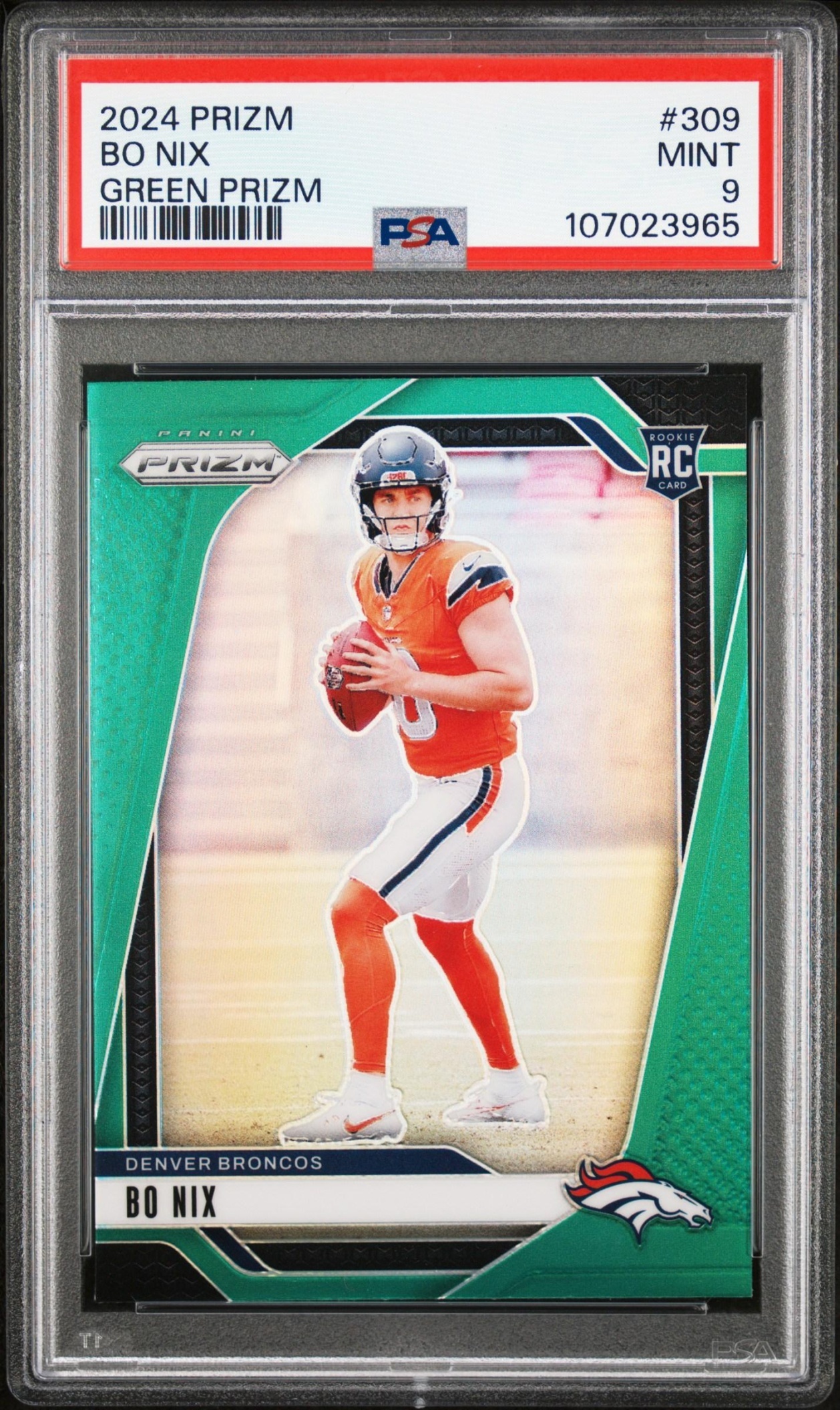 Card image for 2024 Panini Football Prizm Bo Nix Green #309 RC Denver Broncos