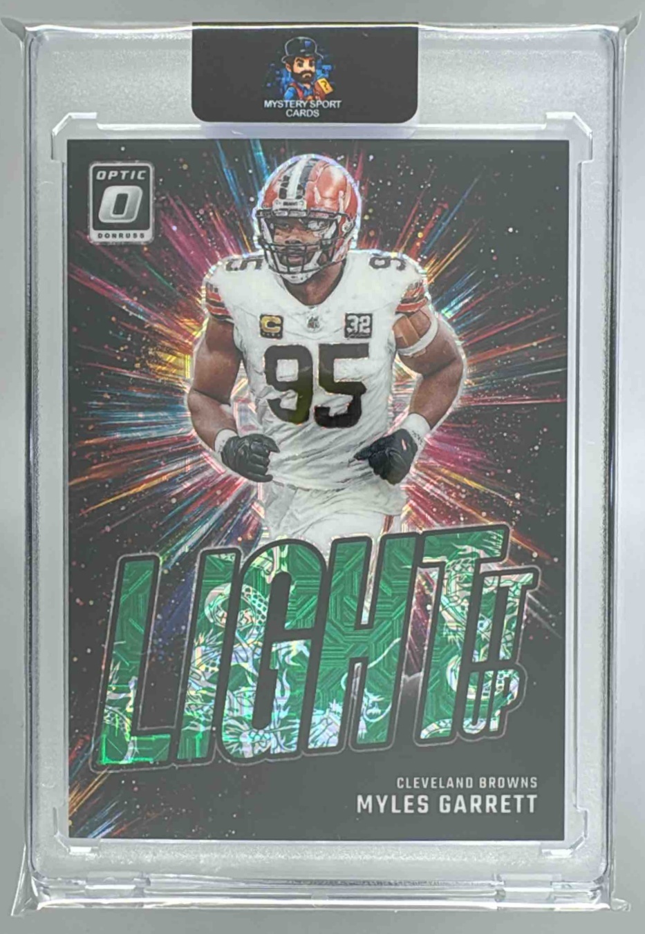 Card image for 2024 Panini Donruss Optic Myles Garrett Light It Up Dragon /24 #13 Browns