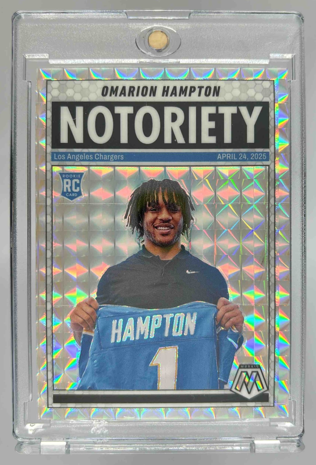 Card image for 2025 Panini Mosaic Omarion Hampton Notoriety #20 RC Chargers