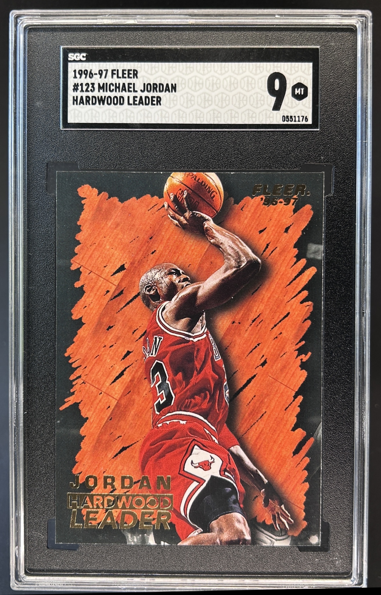 Card image for 1996-97 FLEER MICHAEL JORDAN #123 SGC 9 MINT HARDWOOD LEADER CHICAGO BULLS