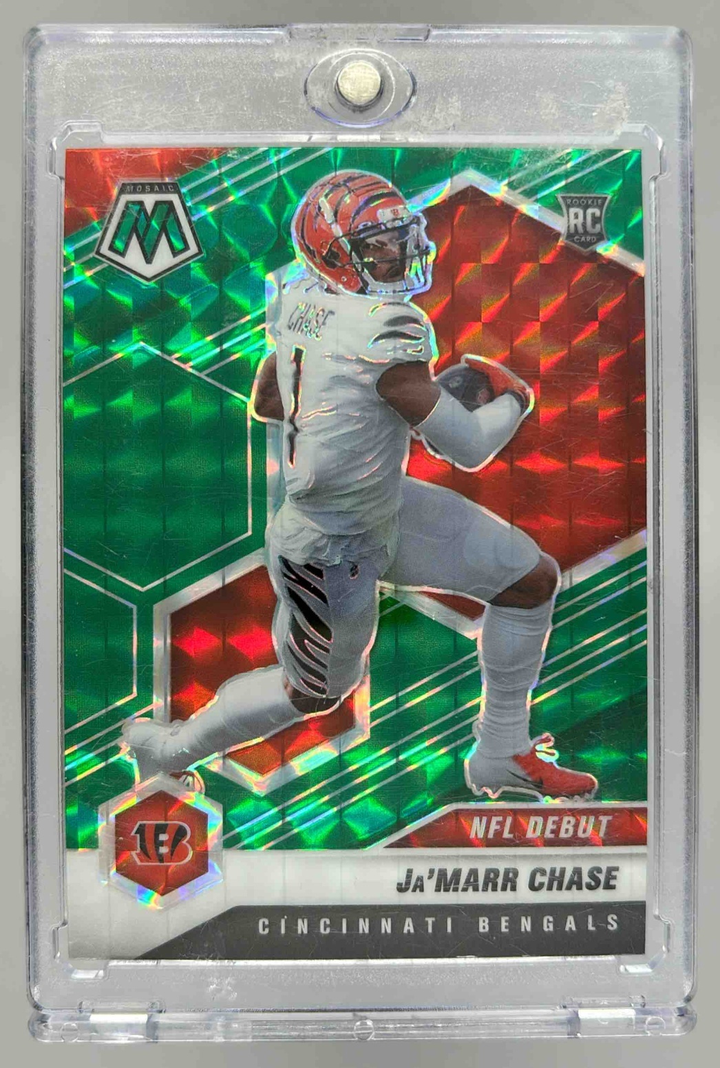 Card image for 2021 Panini Football Mosaic Ja'Marr Chase Prizm Green #247 RC Cincinnati Bengals