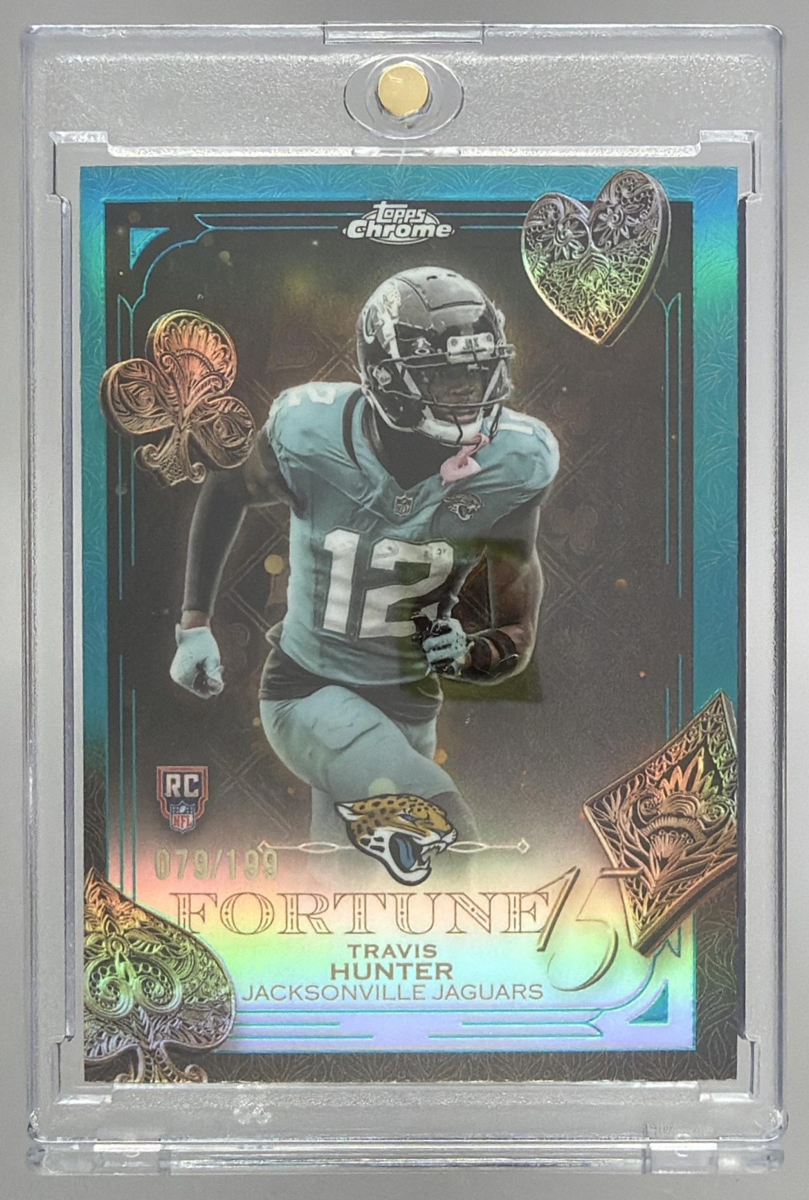 Card image for 2025 Topps Chrome Travis Hunter Fortune 15 Aqua Refractor /199 #F15-20 RC Jaguars