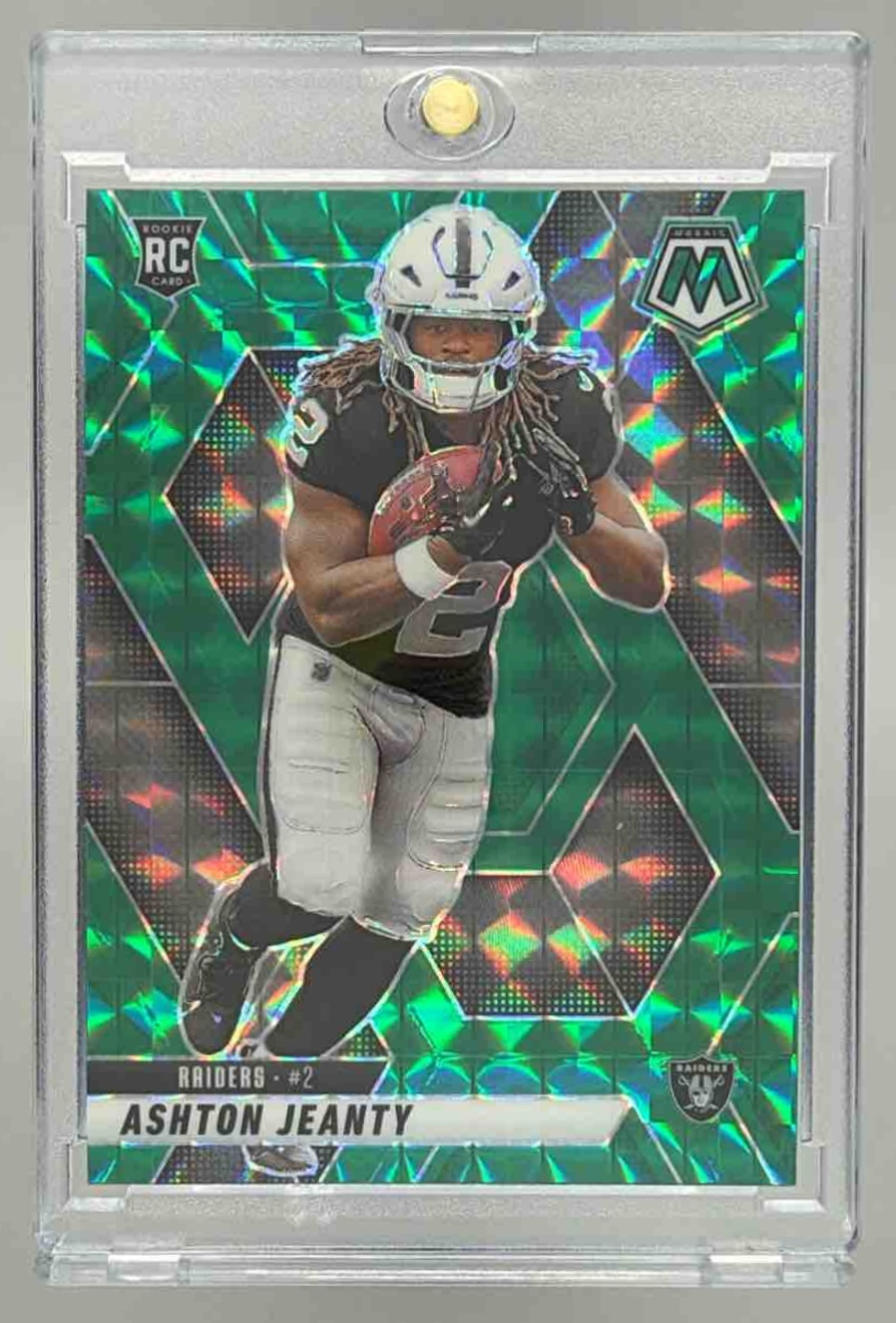 Card image for 2025 Panini Mosaic Ashton Jeanty Rookies Green Prizm #345 RC Raiders