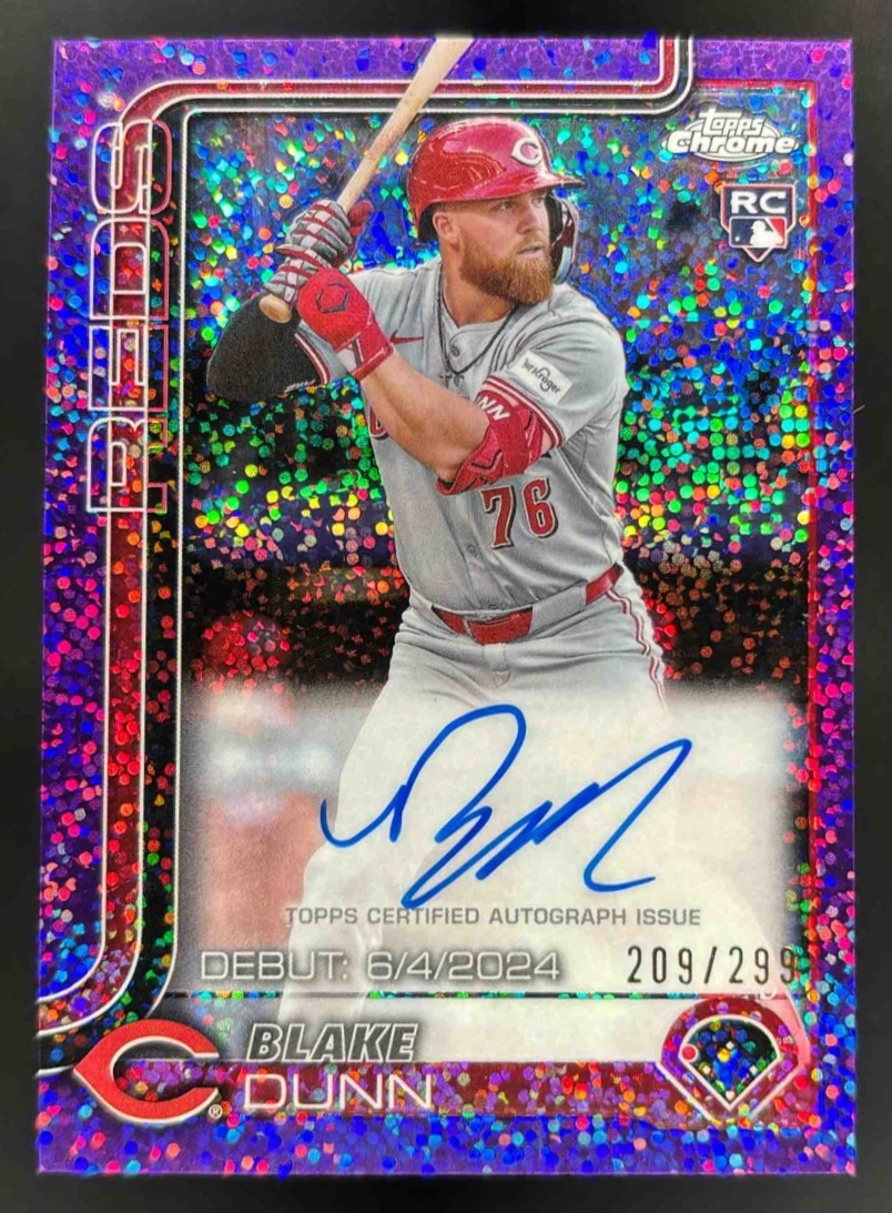 Card image for 2025 Topps Chrome Update Blake Dunn Debut Auto Purple Speckle Refractor /299 RC