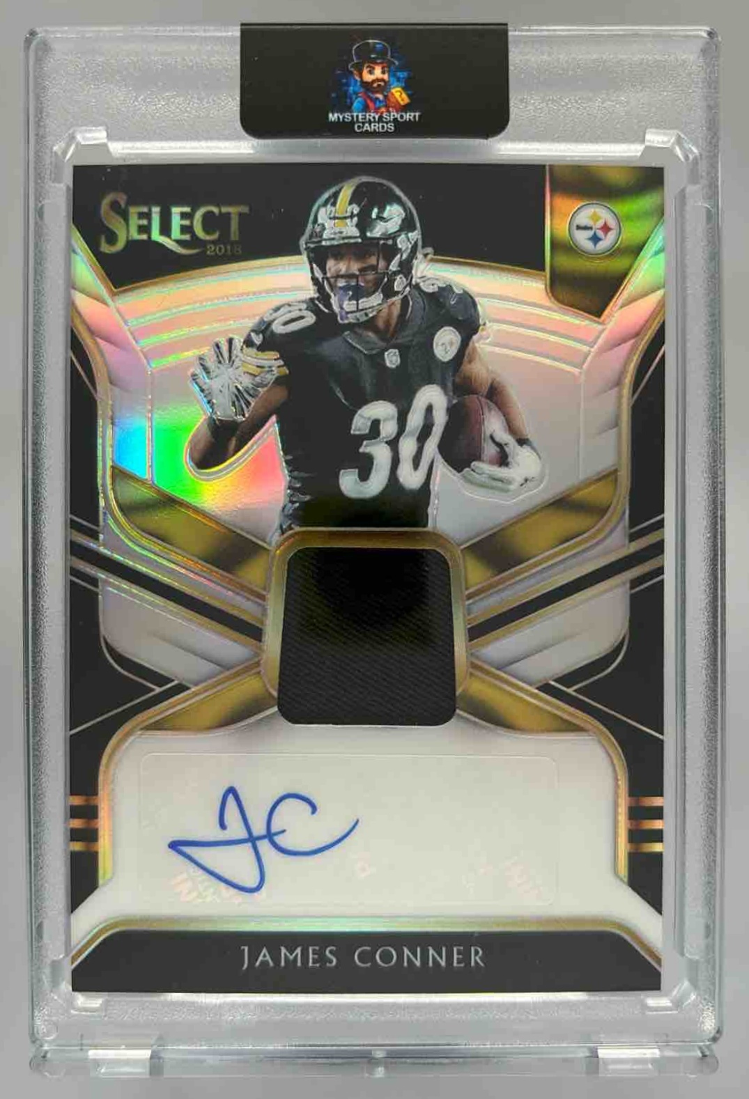 Card image for 2018 Panini Select James Conner Signature Memorabilia Prizm /99 #MP-JC Auto MEM Steelers
