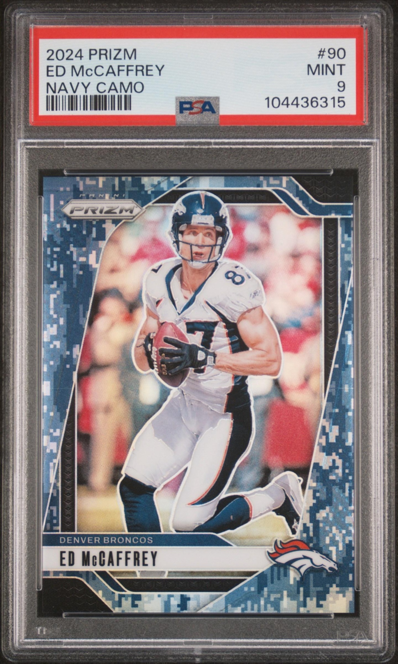 Card image for 2024 Panini Football Prizm Ed McCaffrey Navy Camo /25 #90 Denver Broncos