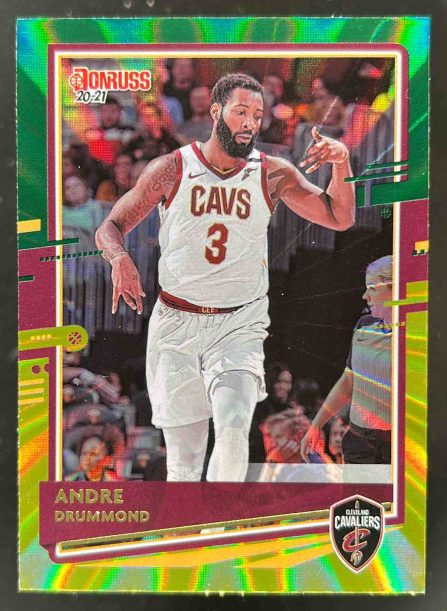 Card image for 2020-21 Panini Donruss Andre Drummond Holo Green and Yellow Laser #184