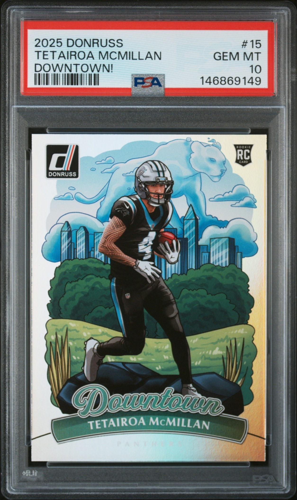 Card image for 2025 Panini Donruss Tetairoa McMillan Oversized Downtown! SP #15 Panthers PSA 10