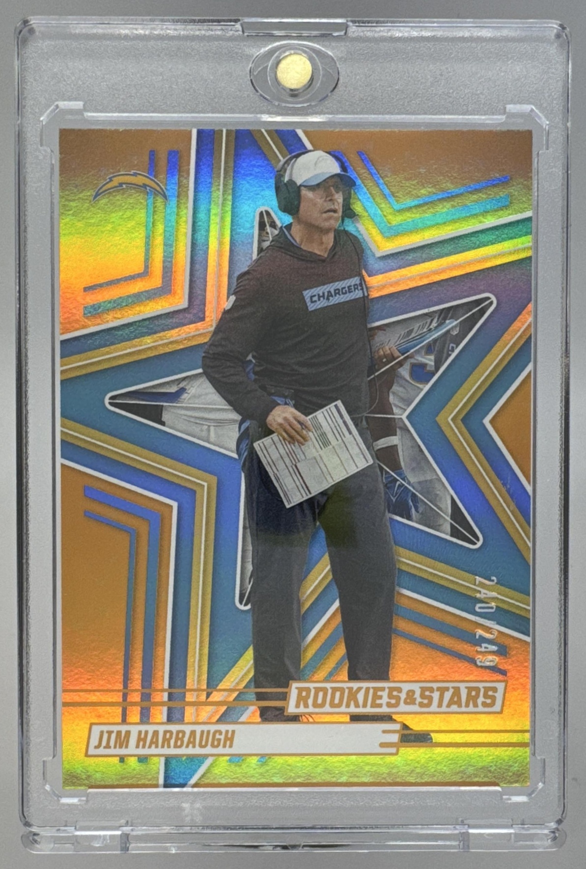 Card image for 2025 Panini Rookies & Stars Jim Harbaugh Orange /249 #3 Chargers
