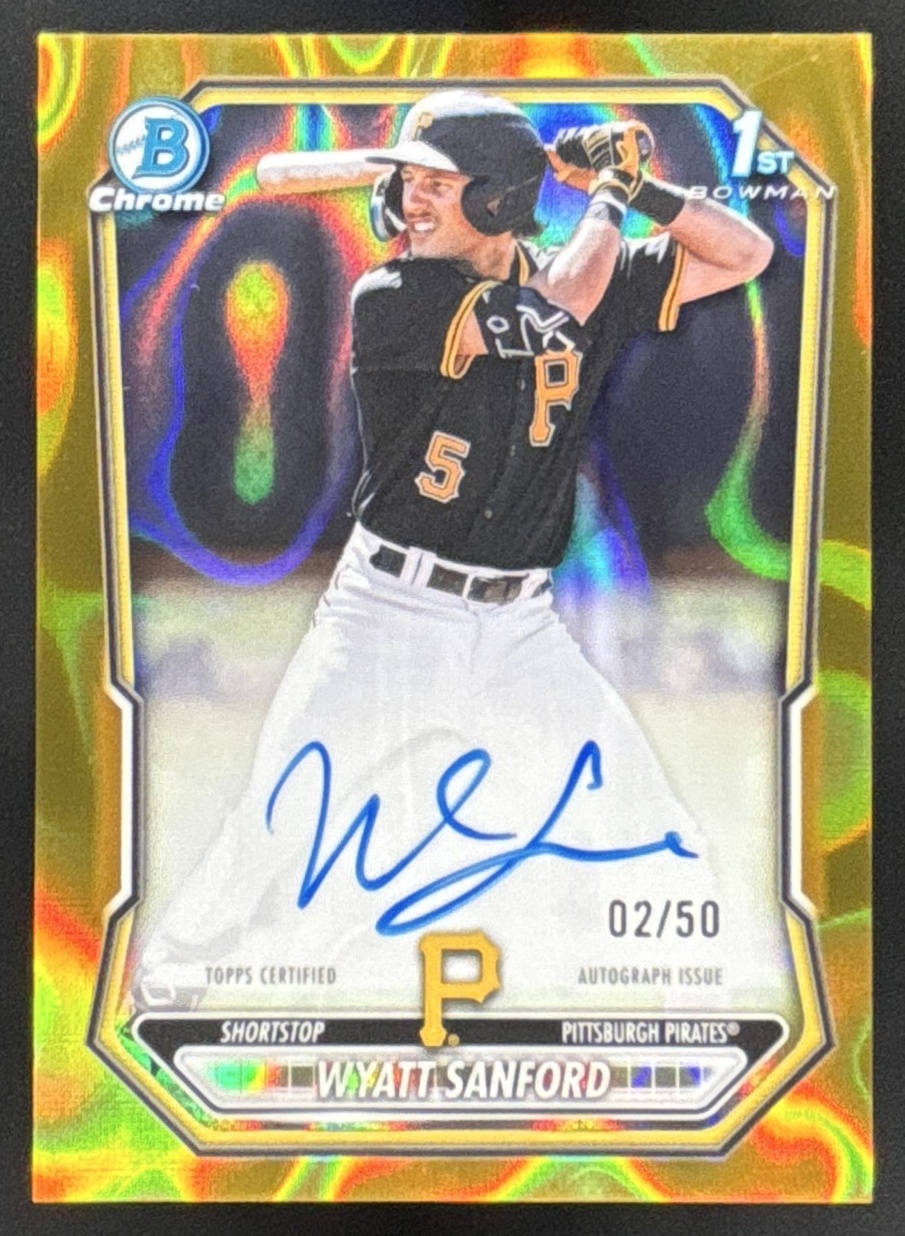 Card image for 2026 Bowman Wyatt Sanford Chrome Auto Gold Lava Refractor /50 1st Prospect