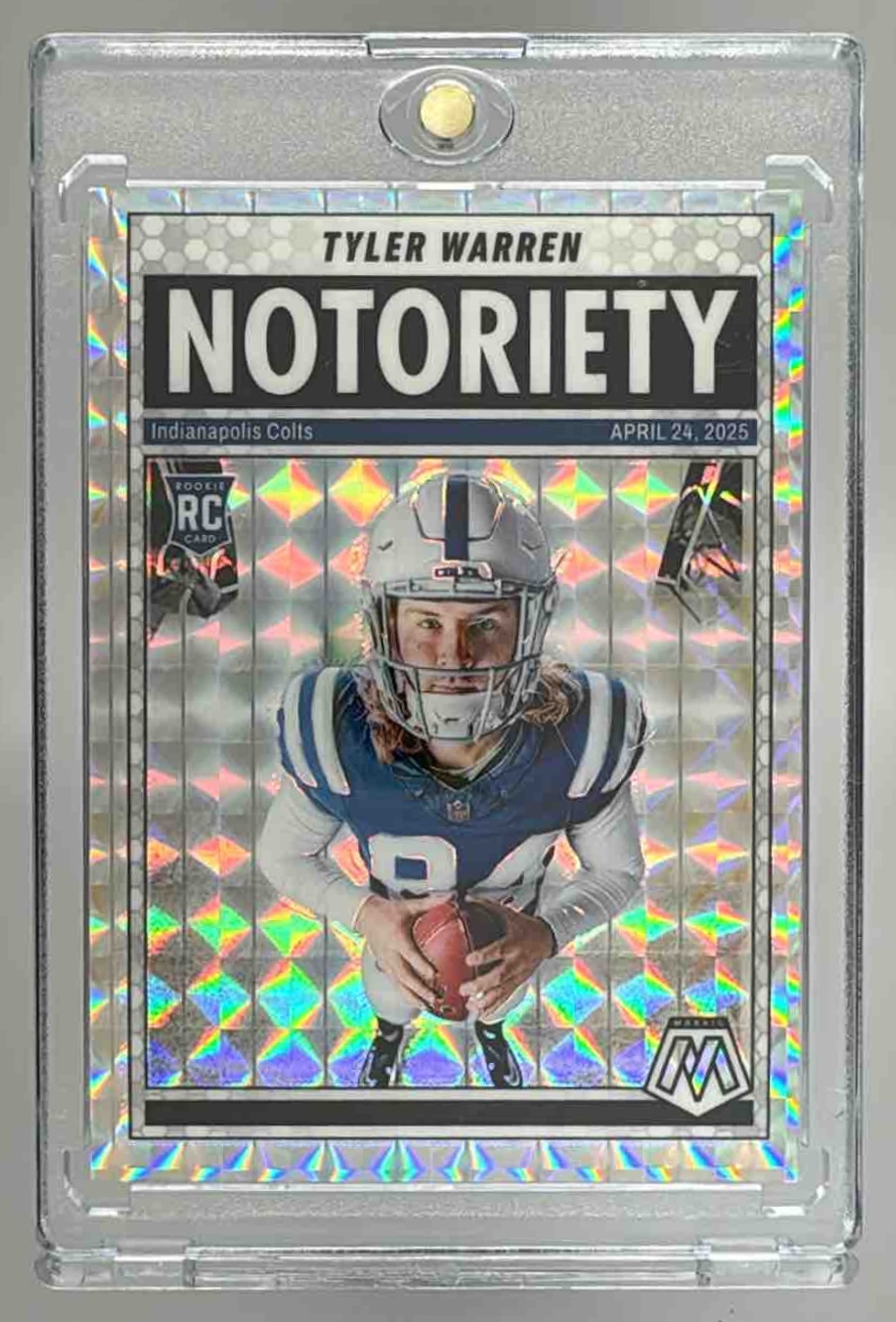 Card image for 2025 Panini Football Mosaic Tyler Warren Notoriety #25 RC Indianapolis Colts