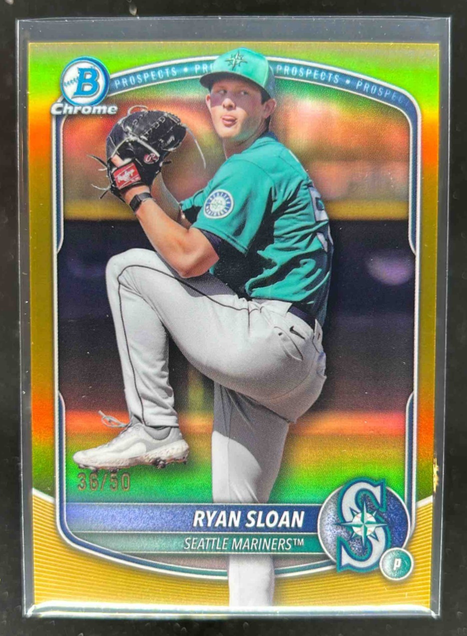 Card image for Ryan Sloan 2025 Bowman Baseball Draft Chrome Gold Refractor /50 Seattle Mariners