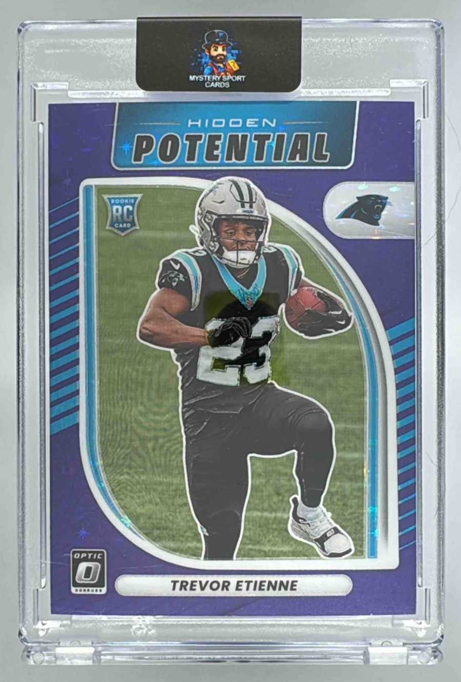 Card image for 2025 Panini Donruss Optic Trevor Etienne Hidden Potential Purple Stars Prizm /25 #11 RC Panthers