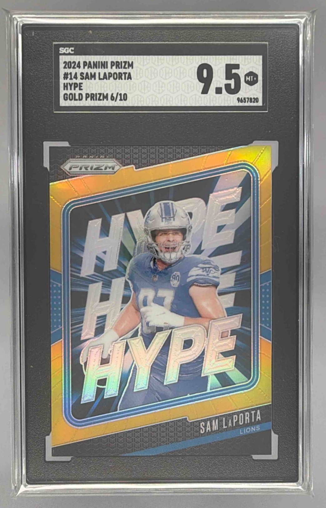 Card image for 2024 Panini Football Prizm Sam LaPorta Hype Gold /10 #14 Detroit Lions SGC 9.5