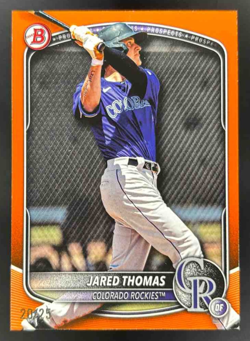 Card image for 2025 Bowman Draft Jared Thomas Orange Border /25 #BD-147 Rockies