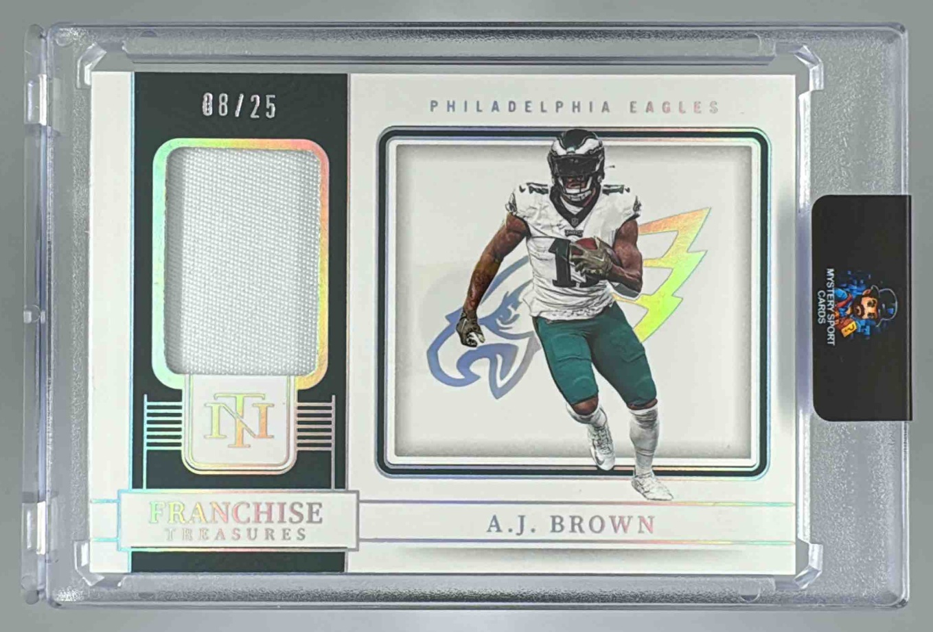 Card image for 2022 Panini National Treasures A.J. Brown Franchise Prime Holo Silver /25 #FTR-AJB MEM Eagles