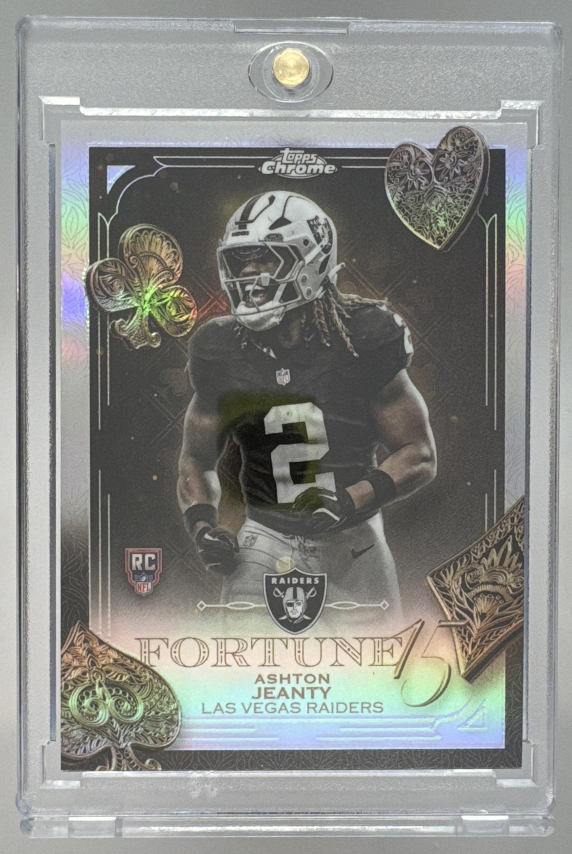 Card image for 2025 Topps Chrome Ashton Jeanty Fortune 15 Refractor #F15-24 RC Raiders