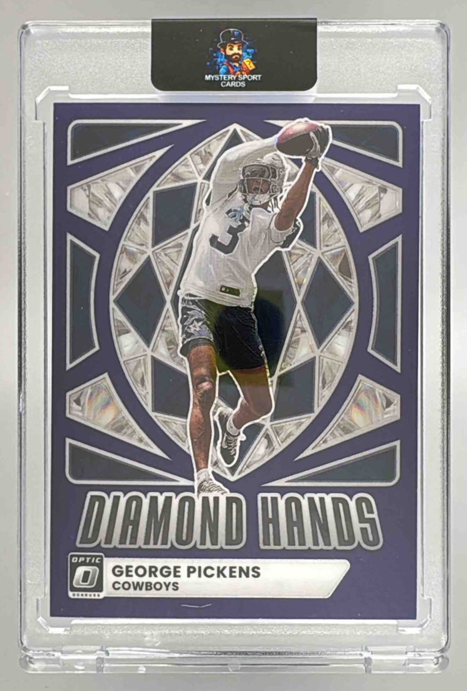 Card image for 2025 Panini Donruss Optic George Pickens Diamond Hands Purple Stars Prizm /25 #7 Cowboys