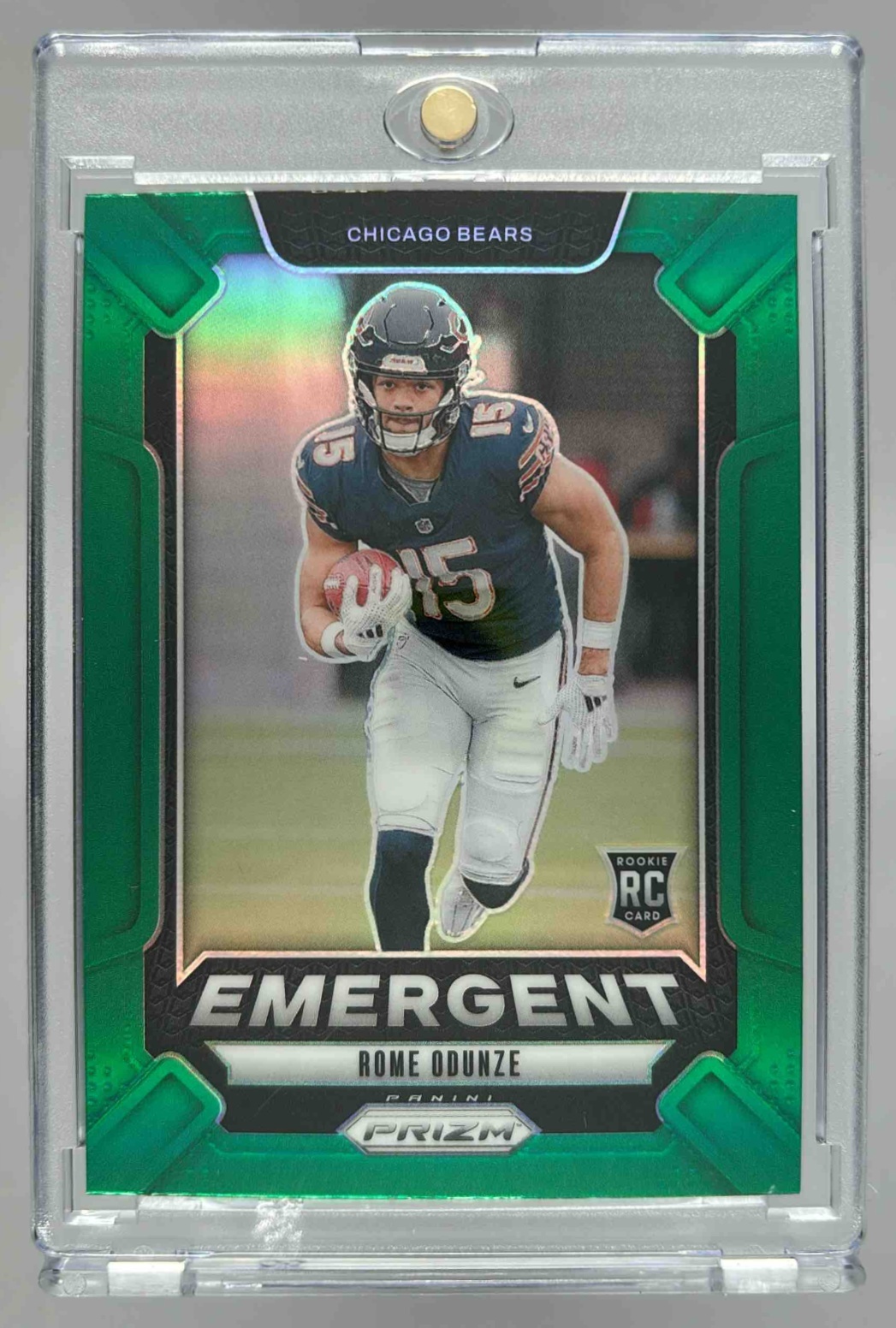 Card image for 2024 Panini Football Prizm Rome Odunze Emergent Green Wave #11 RC Chicago Bears