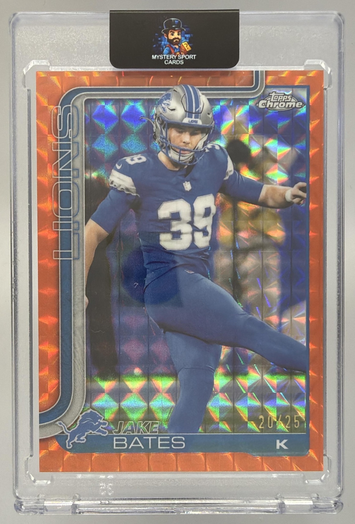 Card image for 2025 Topps Chrome Jake Bates Orange Geometric Refractor /25 #105 Lions