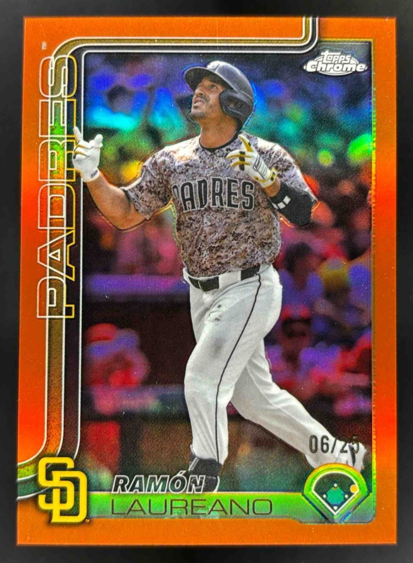Card image for 2025 Topps Chrome Update Ramon Laureano Orange Refractor /25 #USC144 Padres