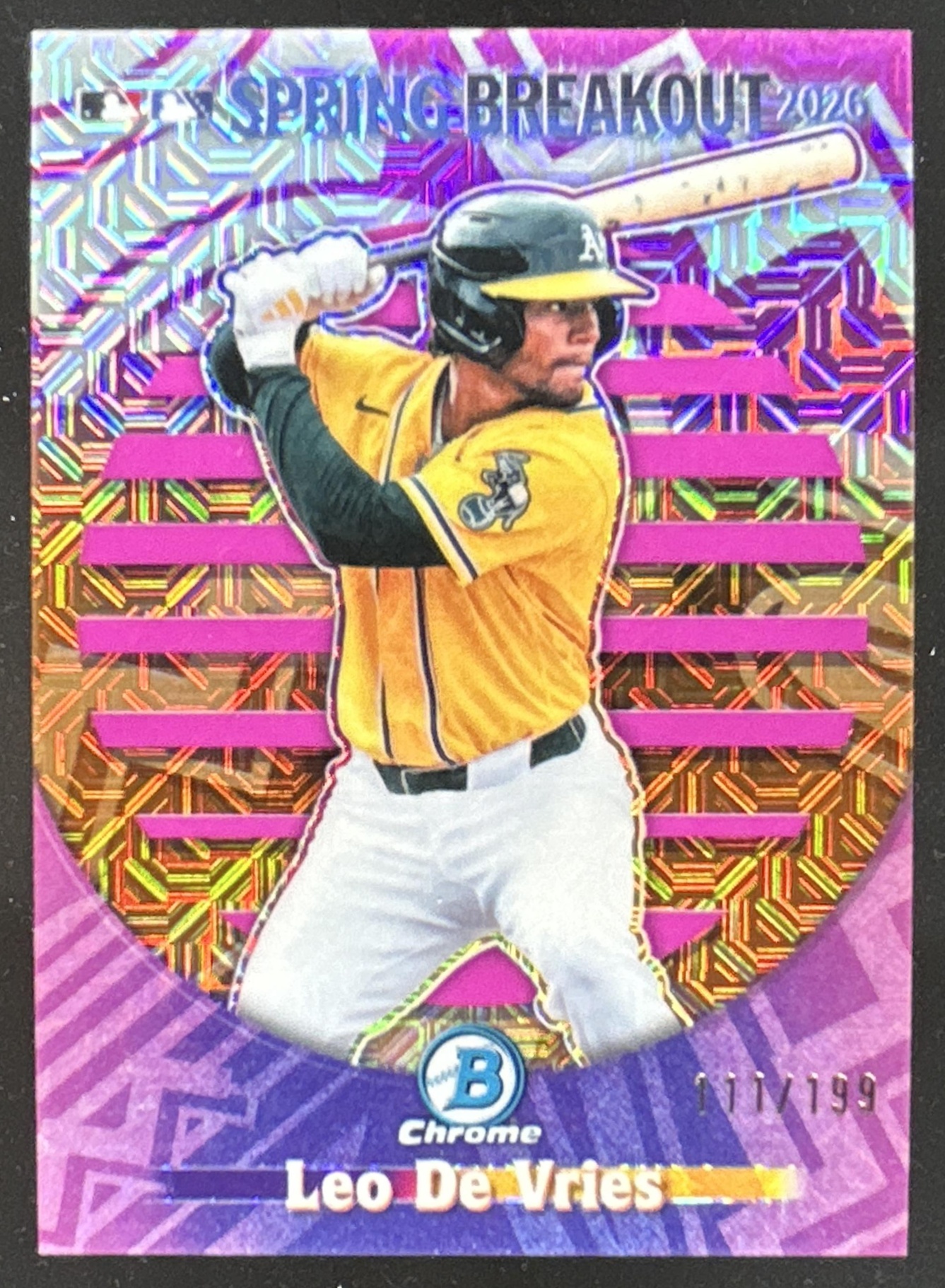 Card image for Leo De Vries 2026 Bowman Chrome Mega Box MLB Spring Breakout Pink Mojo Refractor /199