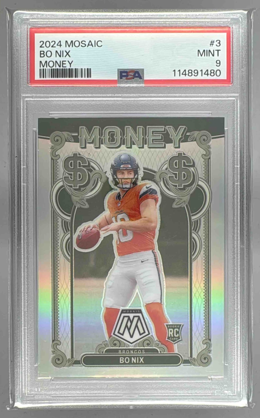Card image for 2024 Panini Football Mosaic Bo Nix Money #3 RC Denver Broncos
