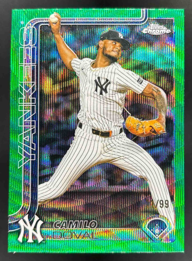 Card image for 2025 Topps Chrome Update Camilo Doval Green Wave Refractor /99 #USC152 Yankees