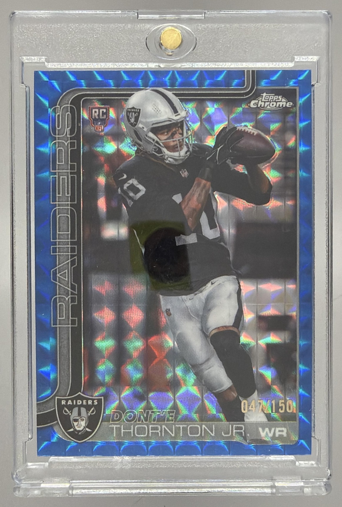 Card image for 2025 Topps Chrome Dont'e Thornton Jr. Rookie Blue Geometric Refractor /150 #385 RC Raiders