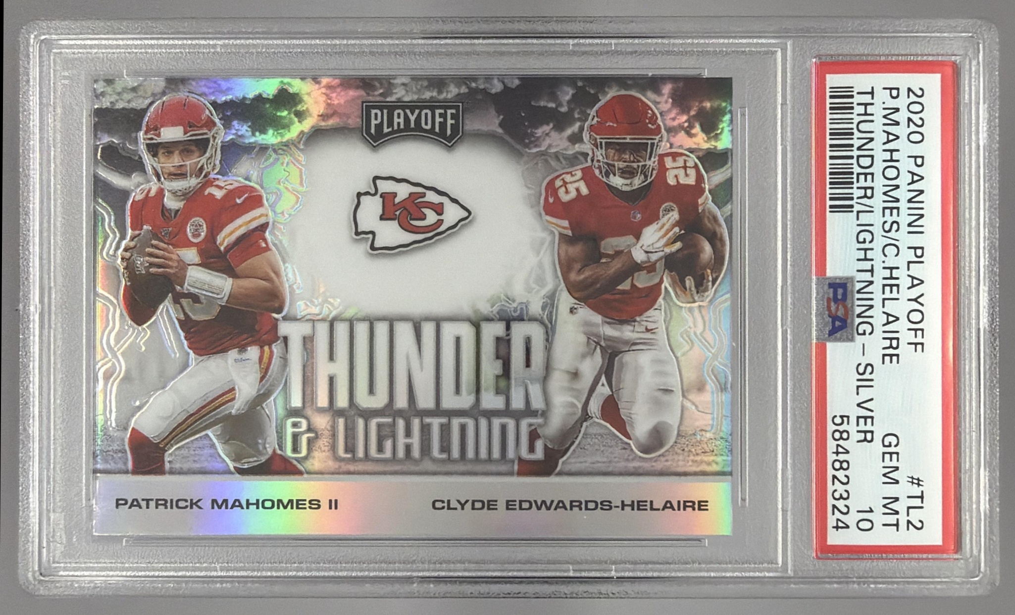 Card image for 2020 Panini Playoff Patrick Mahomes II Clyde Edwards-Helaire Thunder & Lightning #TL-2 Chiefs