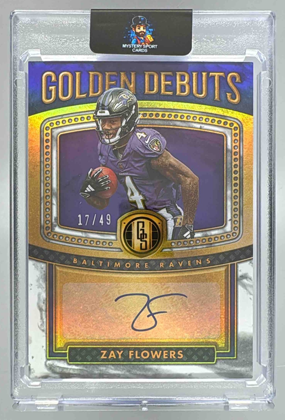 Card image for 2023 Panini Gold Standard Zay Flowers Golden Debuts Auto White /49 #GD-9 RC Ravens