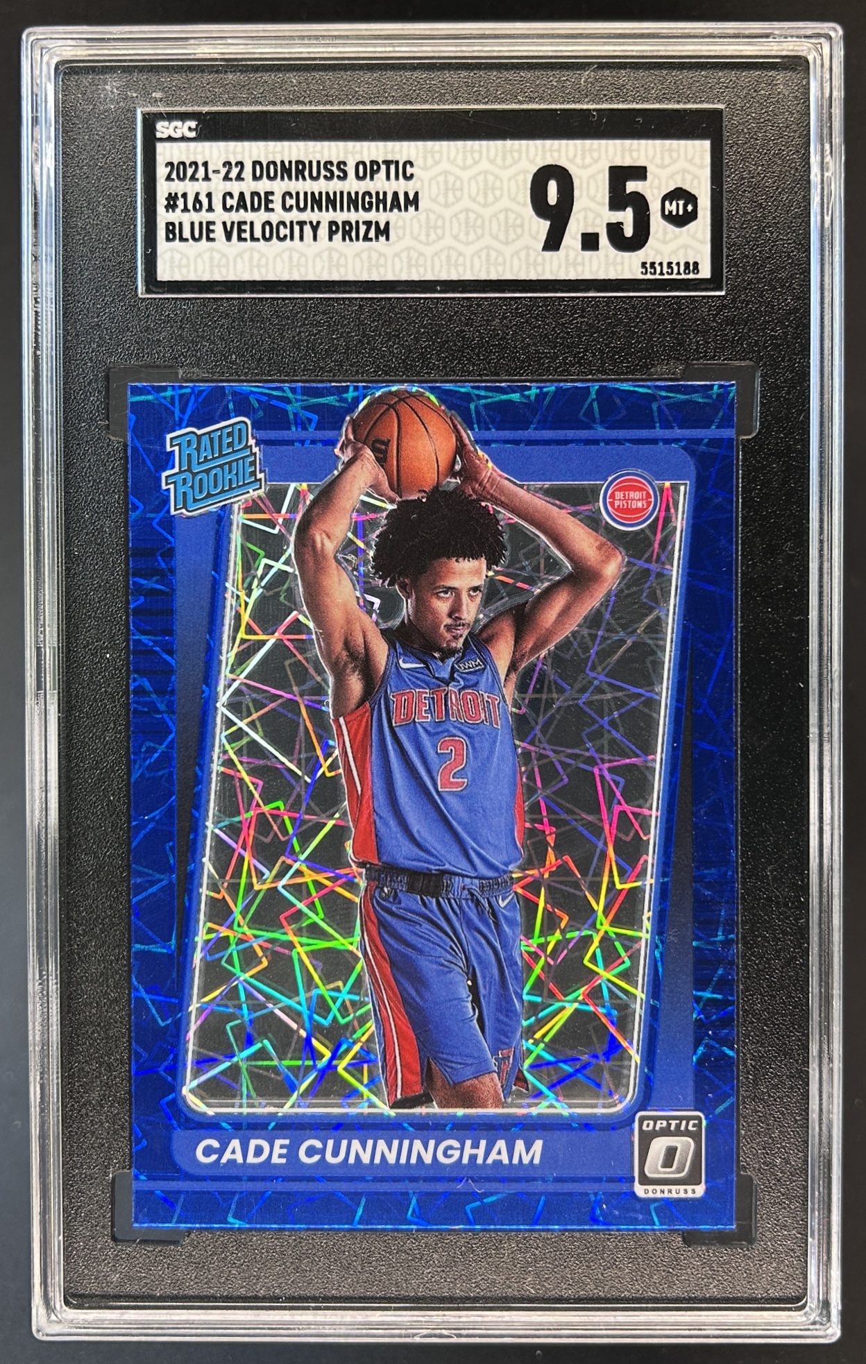 Card image for 2021-22 PANINI DONRUSS OPTIC CADE CUNNINGHAM #161 BLUE VELOCITY PRIZM RC SGC 9.5 ROOKIE MINT+
