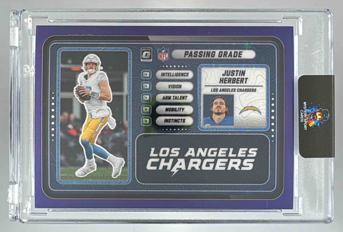 Card image for 2025 Panini Donruss Optic Justin Herbert Passing Grade Purple Stars Prizm /25 #10 Chargers
