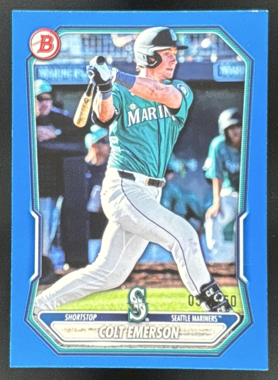 Card image for Colt Emerson 2026 Bowman Blue Pattern /150 Prospects Seattle Mariners