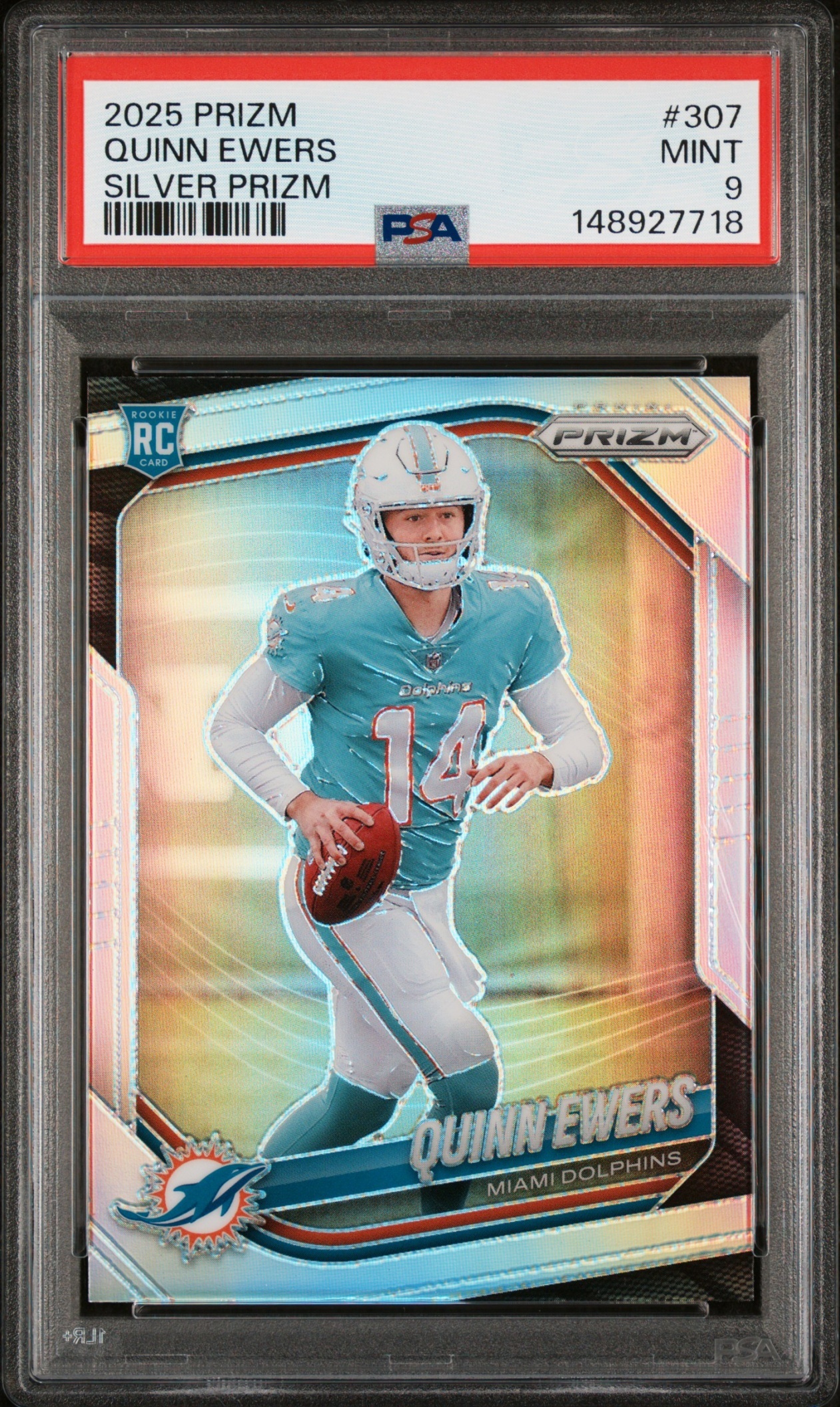 Card image for 2025 Panini Football Prizm Quinn Ewers Silver #307 RC Miami Dolphins
